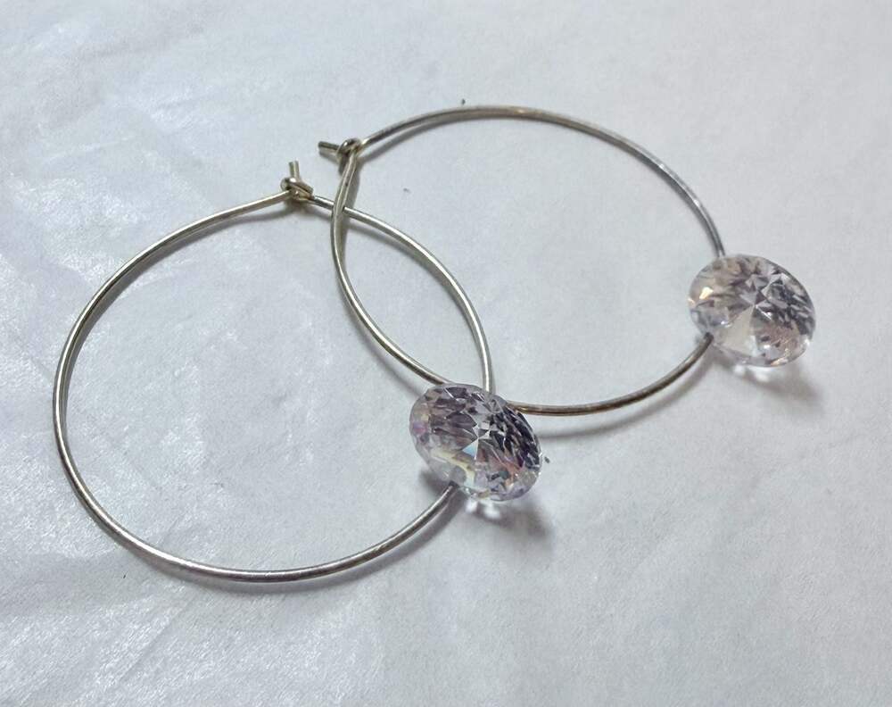 Customizable Silvertone Hoop Earrings 1.5" with Large Clear Crystal Solitaires